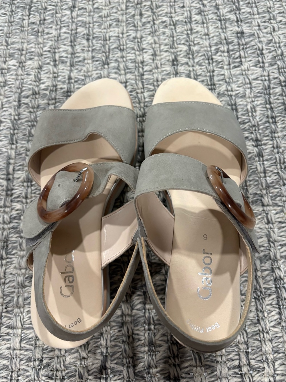 Gabor Light Gray Suede Sandals with Tortoiseshell Buckles - Women's